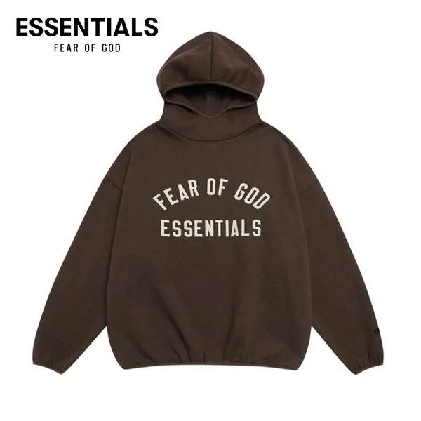 ESSENTIALS 複線高街刺繡字母加絨連帽衫 咖啡色 ESSENTIALS 複線高街刺繡字母加絨連帽衫 咖啡色