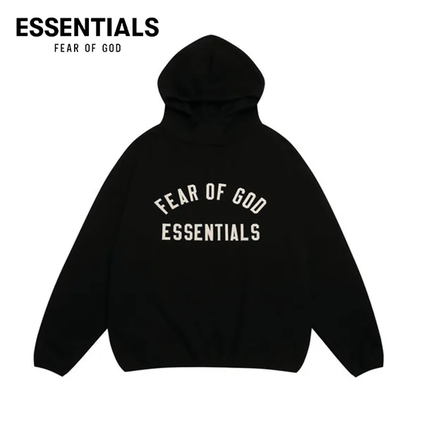 ESSENTIALS 複線高街刺繡字母加絨連帽衫 黑色 ESSENTIALS 複線高街刺繡字母加絨連帽衫 黑色