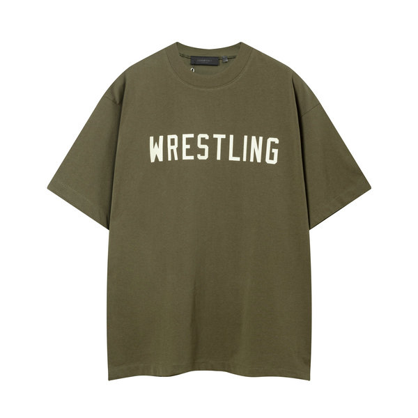 FOG FEAR OF GOD 複線 ESSENTIALS WRESTLING 美式高街男女單排字母純棉短袖T恤 橄欖綠