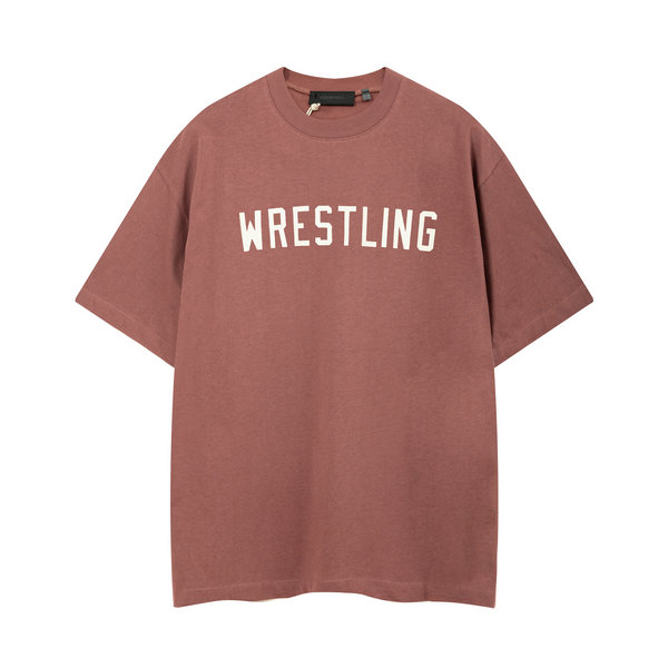 FOG FEAR OF GOD 複線 ESSENTIALS WRESTLING 美式高街男女單排字母純棉短袖T恤 緋光紅