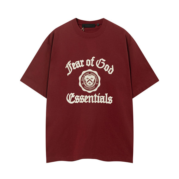 FEAR OF GOD FOG ESSENTIALS 複線高街男女重磅徽標短袖T恤 酒紅色